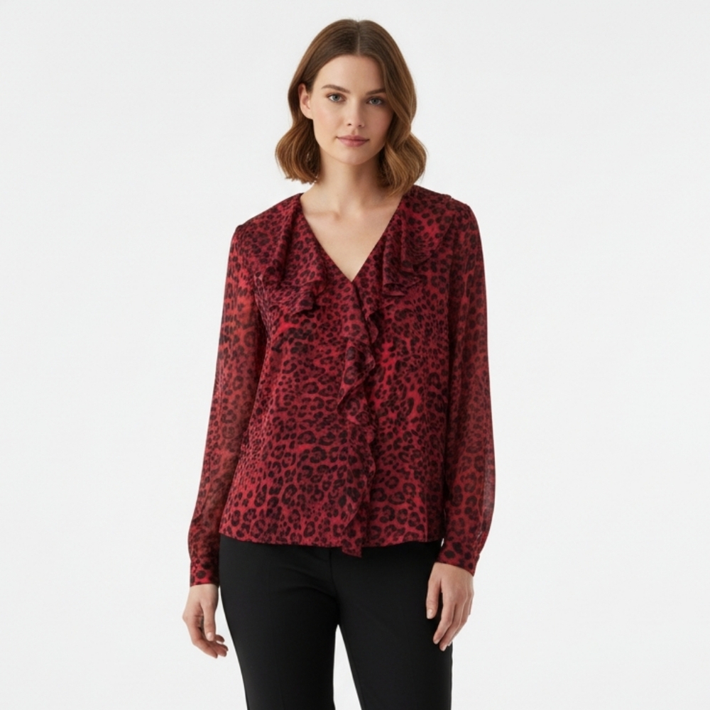 Jones New York Red Leopard Ruffle Top L